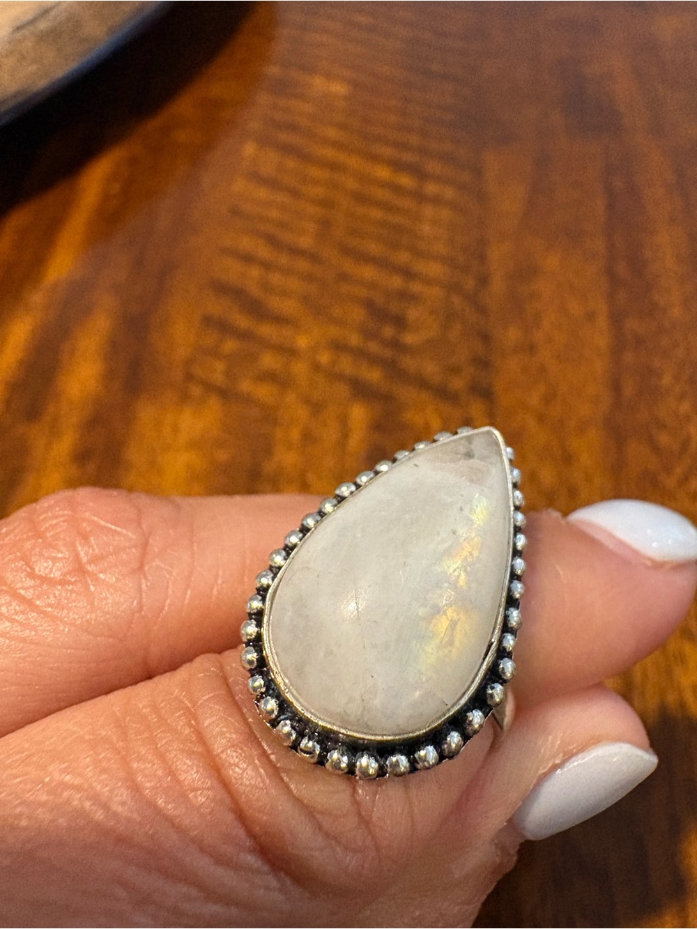 Sterling Silver Teardrop natural rainbow Moonstone Ring 7.5